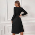 solid color v-neck long-sleeved slim mid-length slit dress NSYSQ136367
