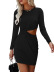 solid color hollow out waist knitted long-sleeved round neck sheath dress NSYSQ136369