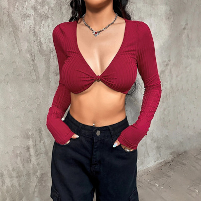 Solid Color V-neck Long-sleeved Wrap Chest Crop Top NSYSQ136374