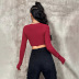 solid color V-neck long-sleeved wrap chest crop top NSYSQ136374