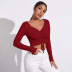 solid color V-neck pleated slim-fit knitted long-sleeved crop top NSYSQ136377