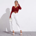 solid color V-neck pleated slim-fit knitted long-sleeved crop top NSYSQ136377