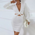French style solid color V-neck hollow long-sleeved sheath dress NSYSQ136380